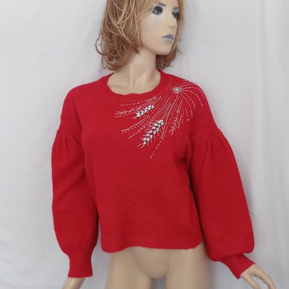 Nwt BROADWAY 38 Red Beaded Sweater Top Sz M CHIC! - Picture 2 of 6